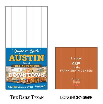 The Daily Texan half-page broadsheet ad or full-page tabloid ad