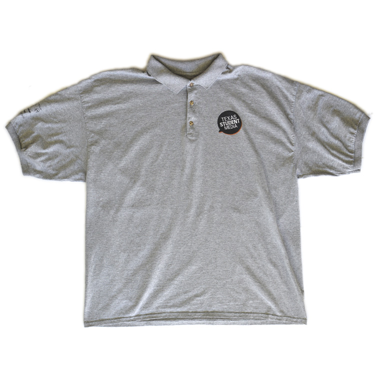 Gray Texas Student Media polo shirt with speech bubble logo