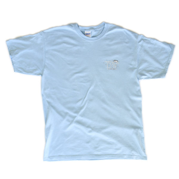 Flat lay of light blue TSTV T-shirt front