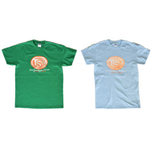 Green and light blue TSTV logo T-shirts