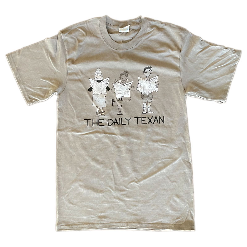 Tan-gray The Daily Texan T-shirt with comic of people reading The Daily Texan