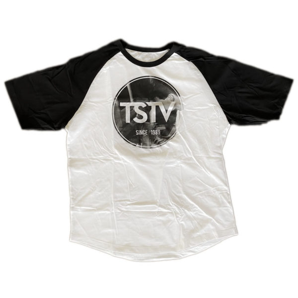 White T-shirt with black sleeves and grayscale circle TSTV since 1989 graphic