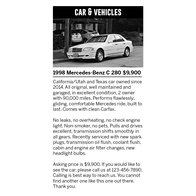 The Daily Texan classified ad 2 inches by 5 inches example